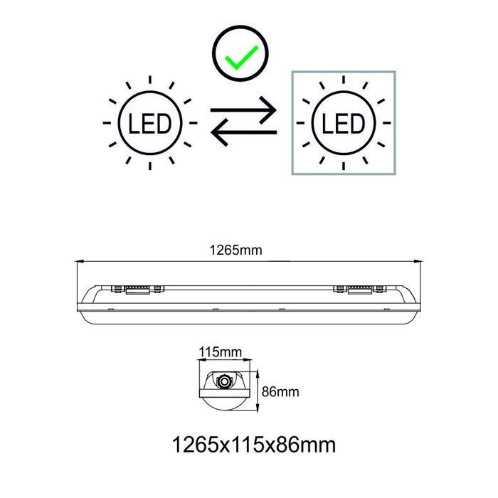 Carcasa para tubo LED de 120 cm con orificio pasante, protección IP65 + 2 tubos LED de 18 W, 37800 lm, 6500 K - 2 años de garantía