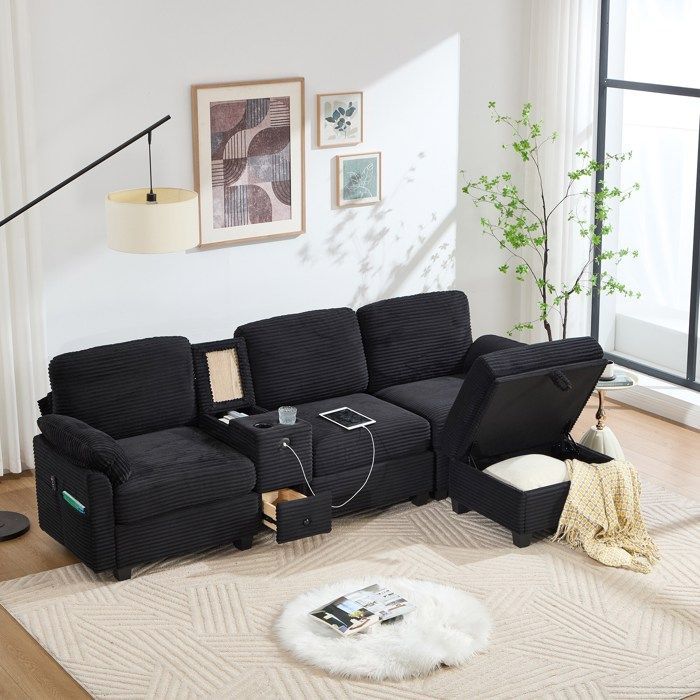 Canapé d'angle réversible 3 places,canapé modulable,canape 3 places avec coffre de rangement et USB-C,canapé en velours côtelé,Noir