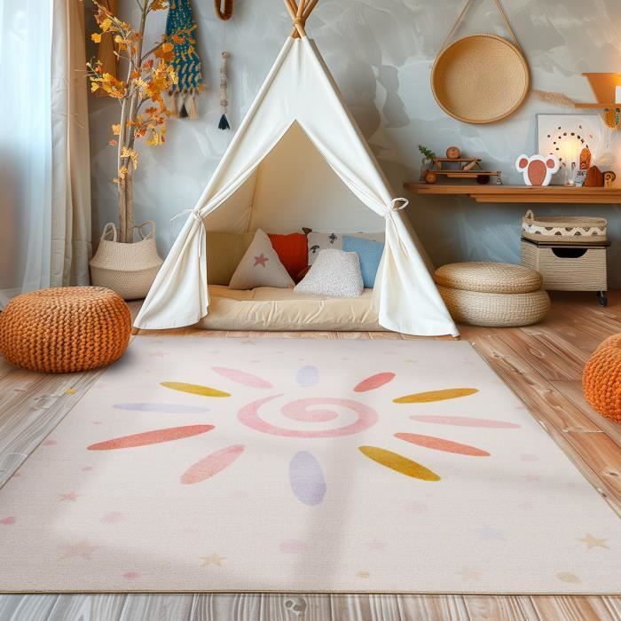 Tapis de chambre d'enfant - SIMPEX - Design Soleil - Crème - Lavable et antidérapant