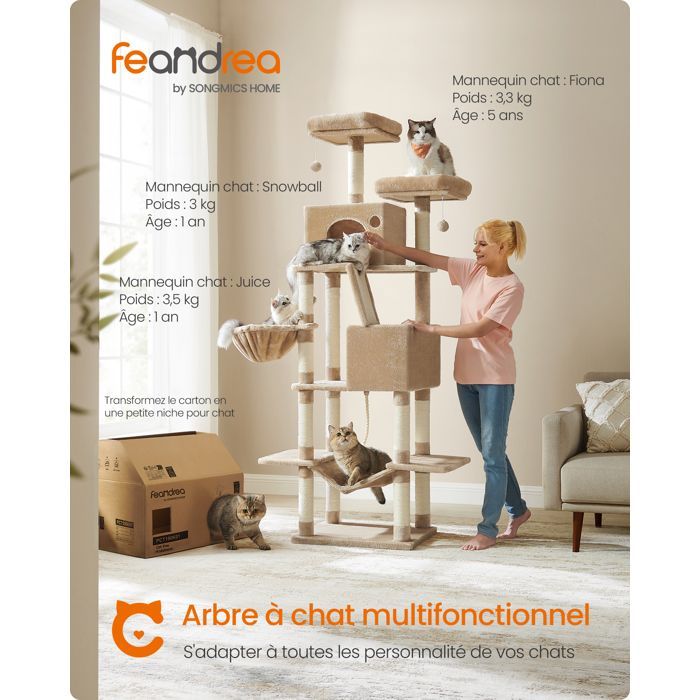 Arbre à Chat, Hauteur 206 cm, avec 13 Griffoirs, 2 Plate-forme, 2 Niches, Panier, Hamac, Pompon, Tissu Peluche, Marron Camel