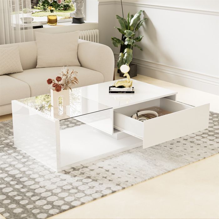 Living room coffee table with glass and LED lighting, living room furniture with 1 storage drawer, 105x55x32.5cm, glossy white