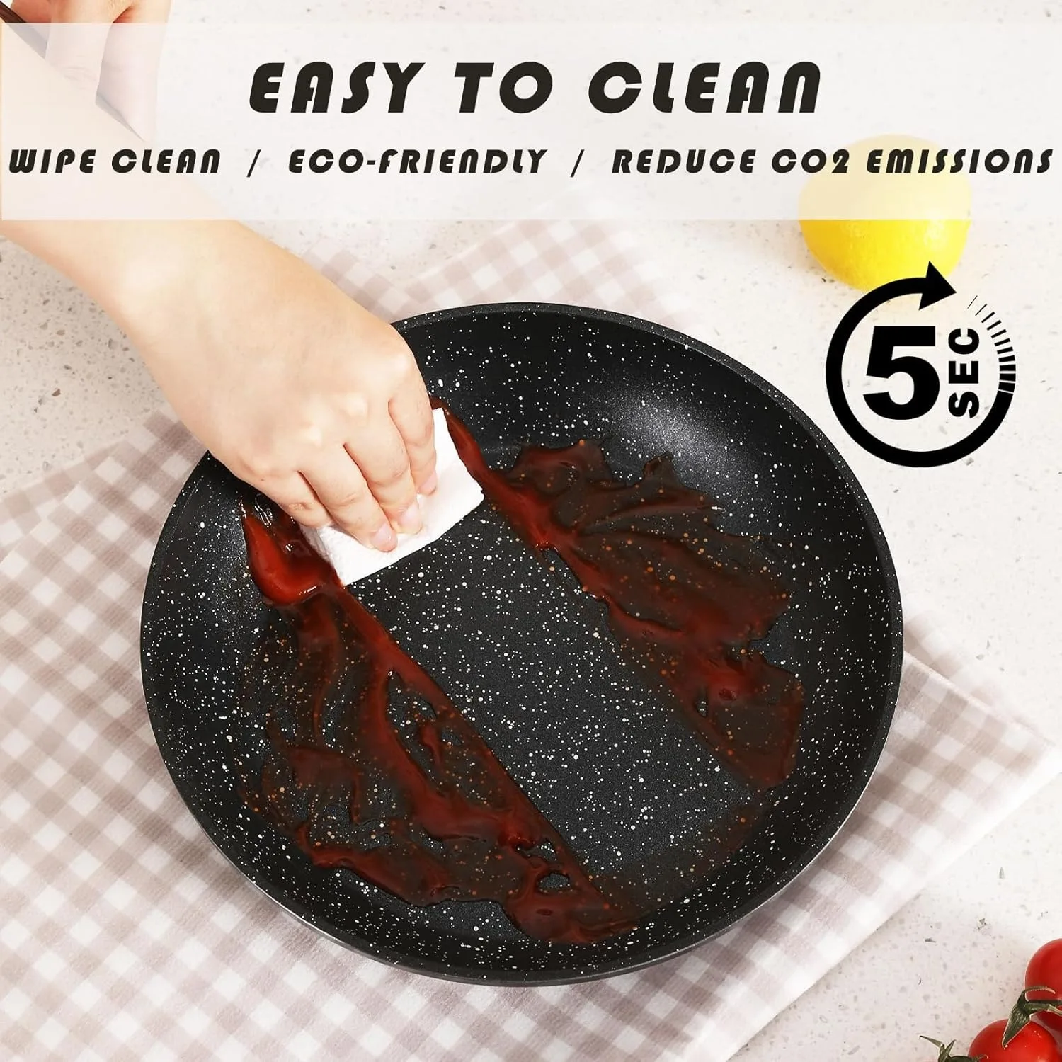 Ensemble de casseroles et poêles antiadhésives, batterie de cuisine en céramique avec motif granit, compatible induction.