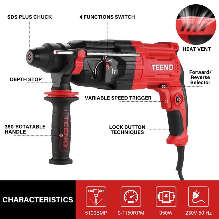 Marteau perforateur - TEENO - TEENO - 950W - 0-1150 tr/min - 17 accessoires