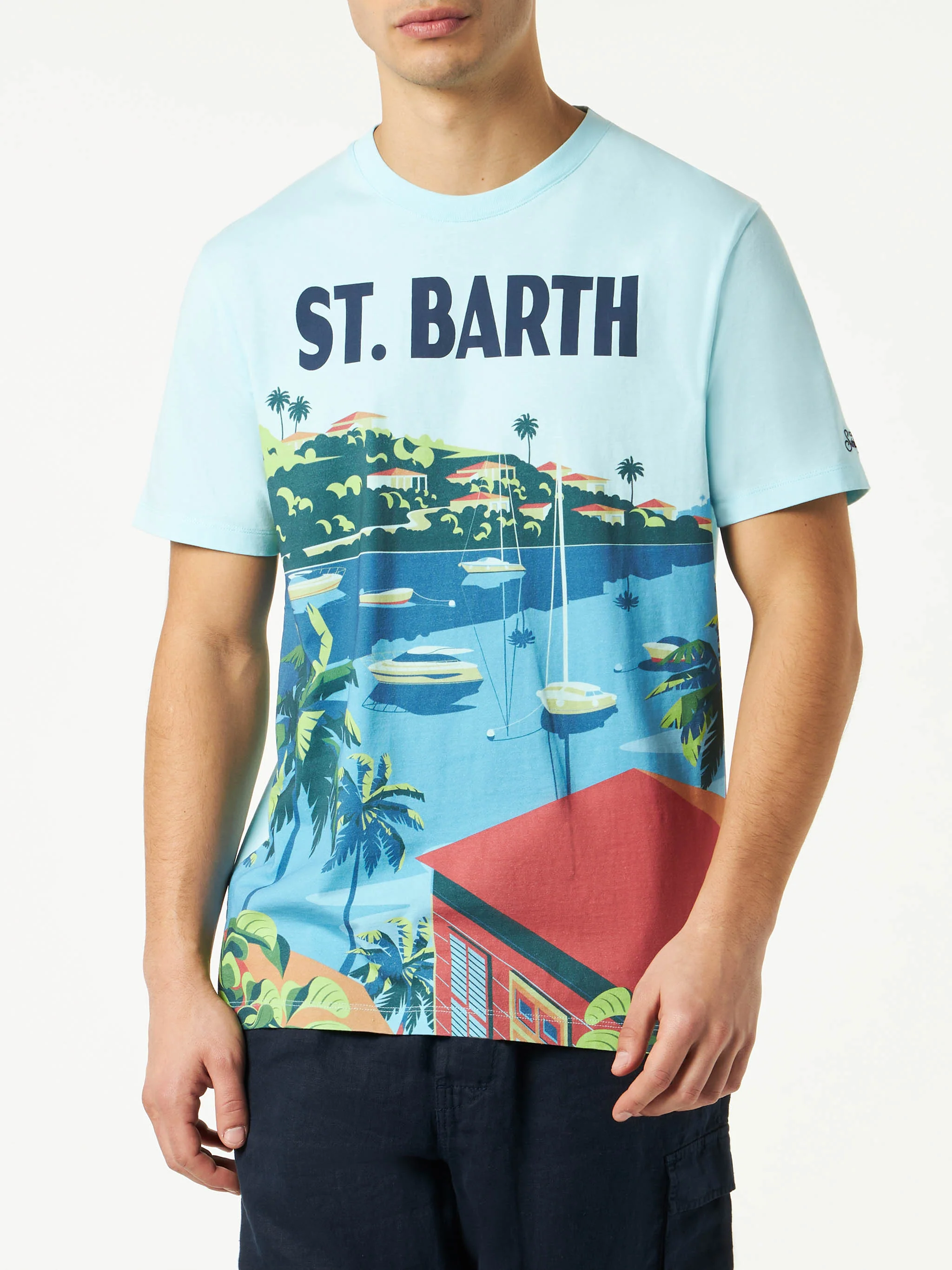 Heren katoenen T-shirt met print van een ansichtkaart van Saint Barth