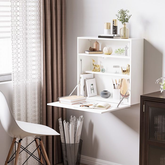 HOMCOM Wall-Mounted Desk - Folding Shelf with 3 Space-Saving Storage Compartments - Wood - 64x20x60cm - White