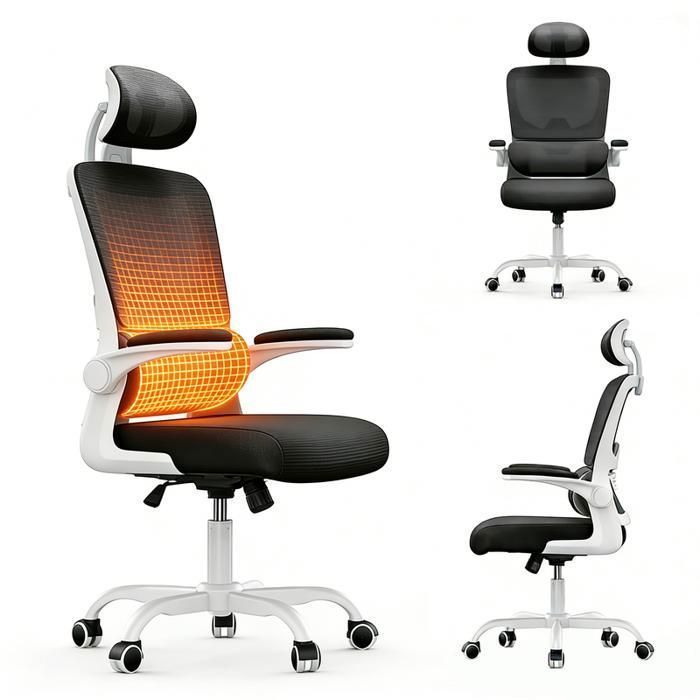 BIGZZIA Office Chair with Armrests - On Casters - with Headrest and Lumbar Support - Height Adjustable, White