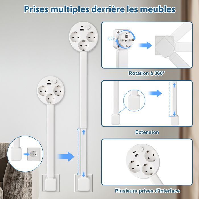 1500W Power Strip, 47-67cm Extendable, with 3 Outlets, 1 USB-C, 1 USB-A, Switch, 360° Rotation