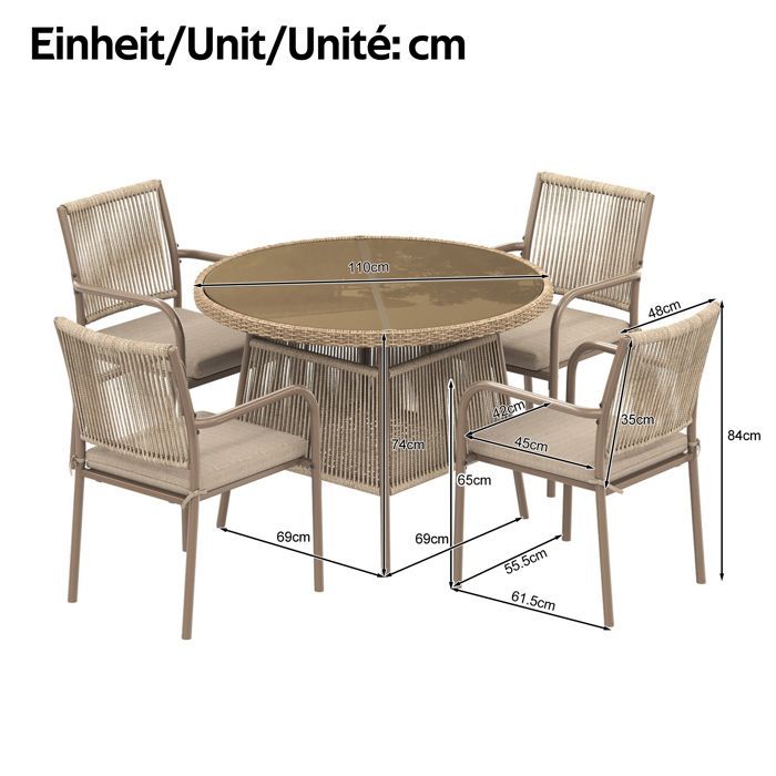Modern rattan garden set – Round glass table + 4 armchairs, iron frame, for patio or balcony – BROWN
