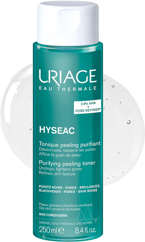 Uriage Hyseac Purifying Peeling Toner is een zuiverende toner die de talgproductie reguleert en de poriën verkleint met AHA.
