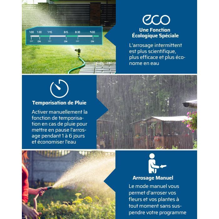 DEWENWILS 3-weg buitenirrigatiecontroller - 4 programma's per zone - Automatische tuinirrigatietimer - Waterdicht