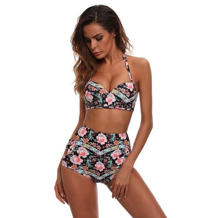 Stars® 2-Piece Women's Swimsuit Set with Floral Print Swim Shorts, Quick-Drying, for Beach, Sports, Swimming, Diving - Black