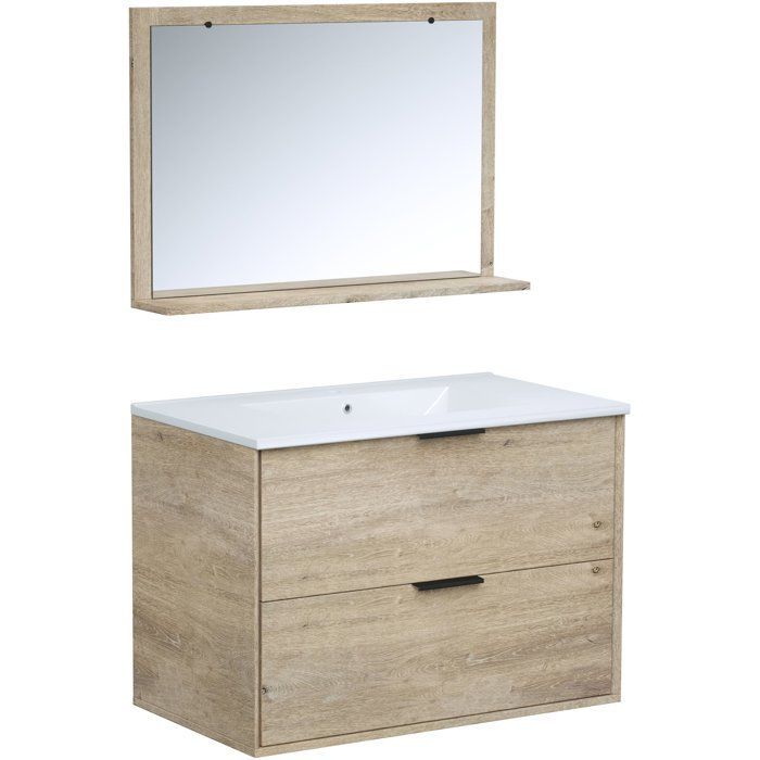 Conjunto de baño - Mueble de baño con 2 cajones - Lavabo - Ancho 180 x Profundidad 45 x Alto 55 cm - Espejo - Bisel