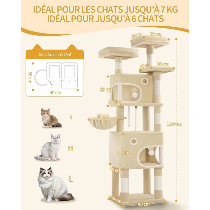 Árbol rascador para gatos, 180 cm de altura, con 8 postes rascadores, 3 plataformas, 2 cuevas, cesta, pompones, apto para gatos de todos los tamaños, color beige.