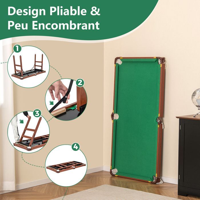 Table de Billard Pliable Enfants et Adultes DREAMADE Jeu de Billard 16 Balles, Triangle, 2 Craies, 2 Queues, Brosse, Pieds