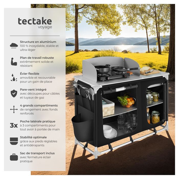 Muebles de camping - TECTAKE - Cocina de camping plegable con bolsa de transporte 116 x 52 x 107 cm - Negro