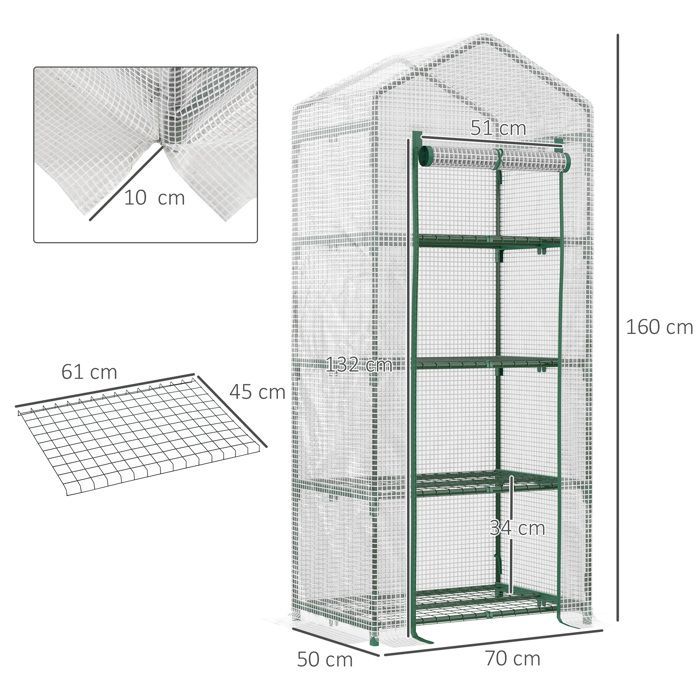 Invernadero de jardín Outsunny - Estantes de PE, 4 niveles, balcón, lona reforzada de 140 g/m², para flores - acero - 70x50x160cm - blanco