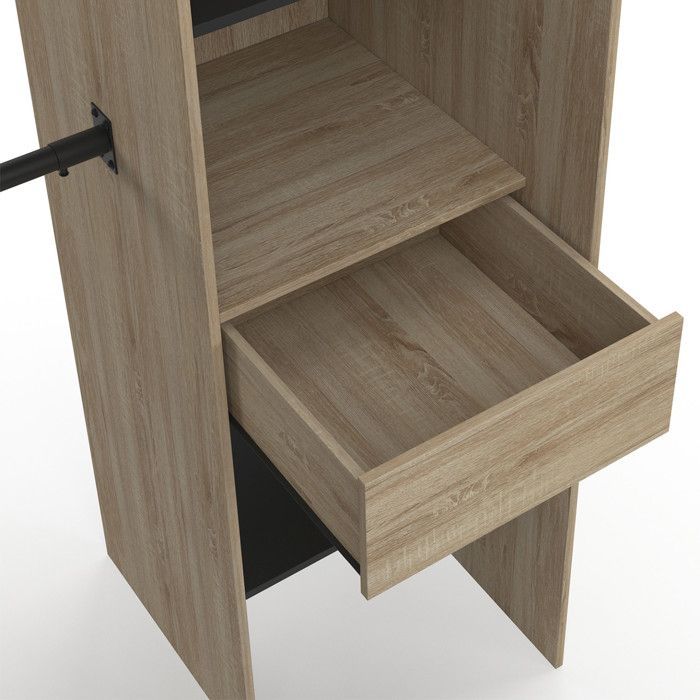 IDMARKET MARLON Uitschuifbare hoekkledingkast 230 x 140 x 180 cm Beuken met kledingstangen + planken + zwarte gordijnen