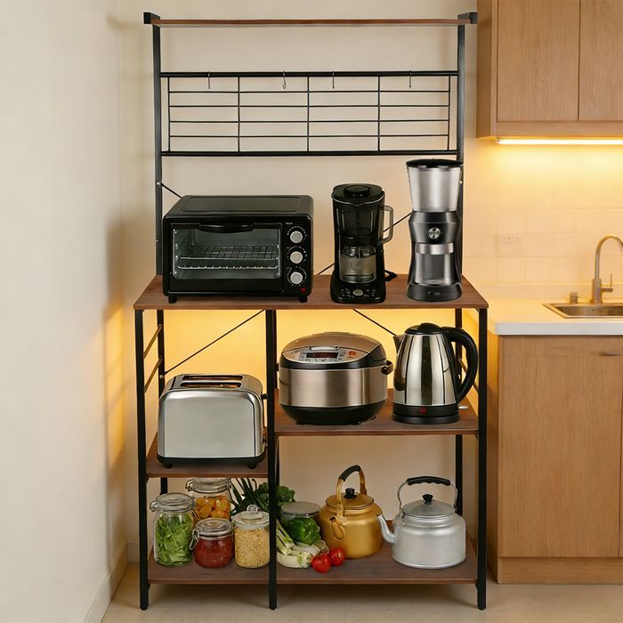 ÉTAGÈRE DE RANGEMENT DE CUISINE À PLUSIEURS NIVEAUX AVEC CROCHETS - YIYI - 90*40*168CM -  MARRON + BLANC