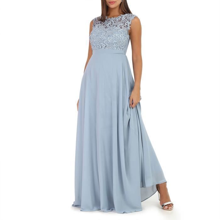Robe longue à dentelle sur le haut avec dos froncé et élastiqué.Coupe fluide et évasée avec doublure satinée. pour femme - Robes - L