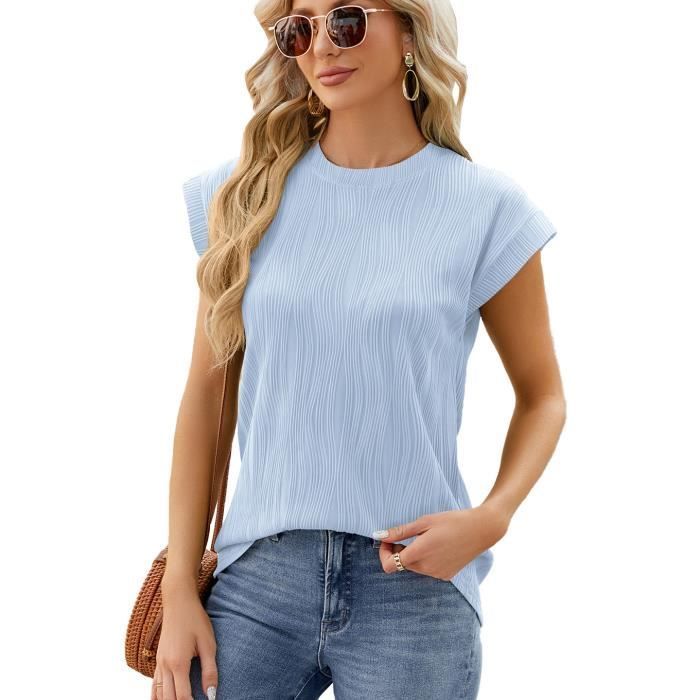 T-Shirt Femme Ete Manches Courtes Col Rond Casual Tee Shirt Lache Couleur Unie Tissu Confortable - Taille EU - Bleu Clair
