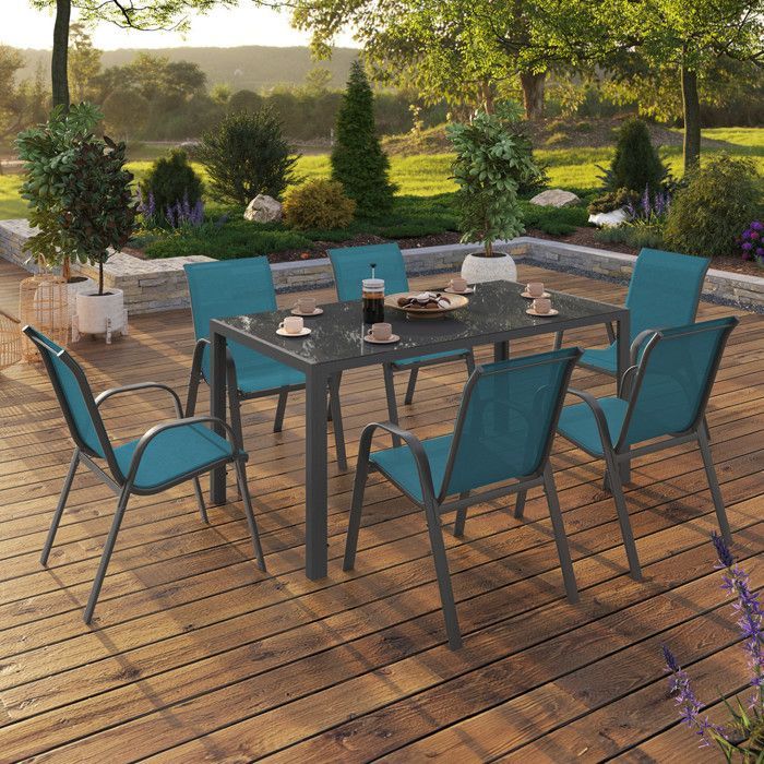 Conjunto de muebles de jardín IDMARKET MADRID: mesa de 150 cm y 6 sillas apilables, color azul pato.