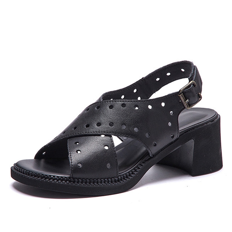 Sandali da donna in vera pelle, nuovi sandali estivi in vera pelle da donna con tacco spesso, sandali retrò da donna
