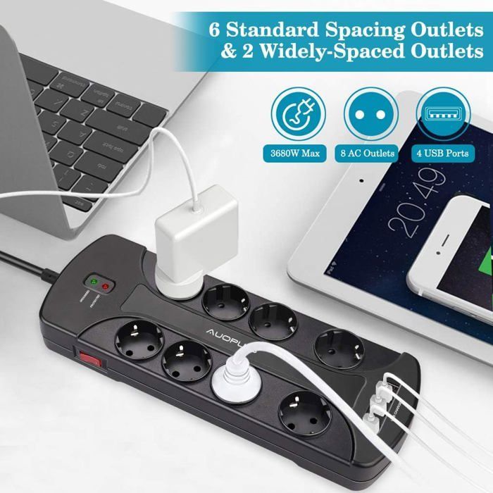 Regleta protectora contra sobretensiones con 8 tomas de corriente y 4 puertos USB, regleta con toma de tierra e interruptor, 3680 W/16 A