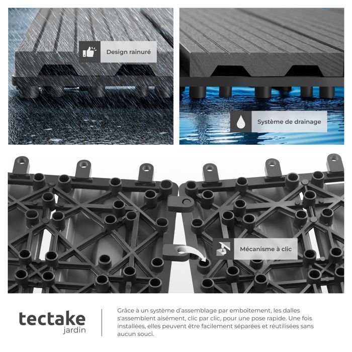 Terrassefliser - TECTAKE - Sæt med TEGULAS fliser i WPC, praktisk klik, skridsikker, 31 x 31 x 2,2 cm - grå
