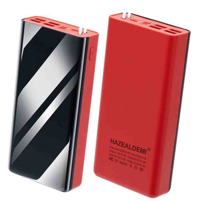 HAZEALDEMI® Batterie Externe 30000mAh Chargeur Portable 4 Sorties/3 Entrées et LCD Ecran/LED Lampe pour tous les téléphones