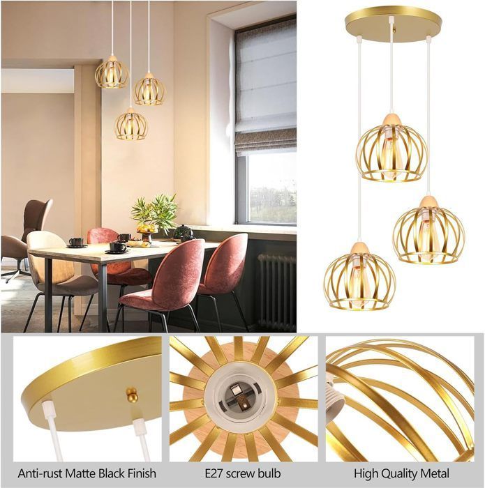 Lámpara colgante - iDEGU - Estilo vintage - Metal y madera - 3 bombillas - Diseño industrial
