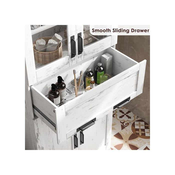 Bathroom Cabinet, 170 cm Tall Unit, Storage with Adjustable Shelves, 4 Doors, 1 Drawer, Compartment, White