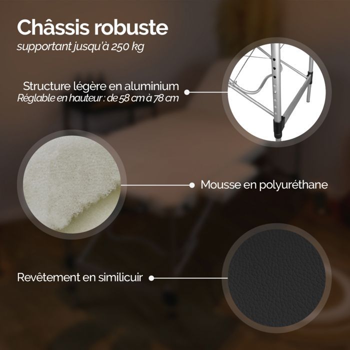 Table de massage pliante 3 zones en aluminium + accessoires et housse de transport - Noir - Vivezen