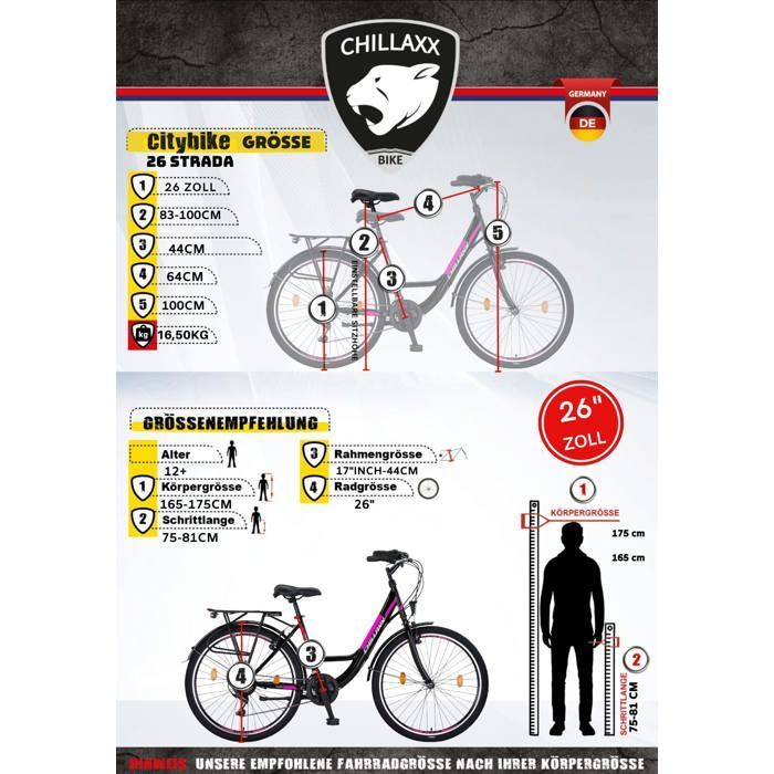 Citybike - CHILLAXX Strada - 26 pouces  21 vitesses - Noir - V-Bremse