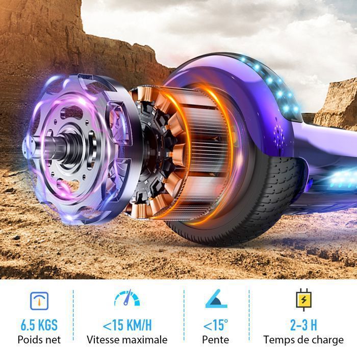 Hoverboard 6.5 Pouces avec Bluetooth et LED - RCB - Cadeau Parfait pour les Enfants Violet Chromé
