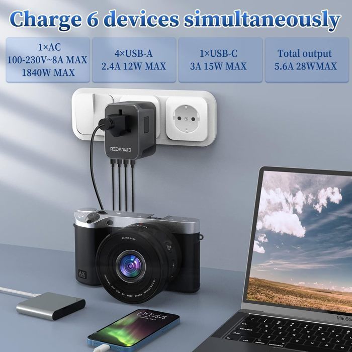 Adaptador de viaje todo en uno con 4 puertos USB de 5,6 A y 1 puerto USB-C, adaptador de enchufe universal esmerilado (de Francia a Reino Unido y EE. UU.).