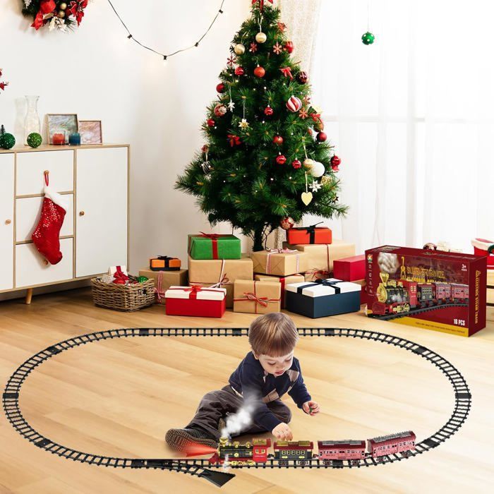 Train Électrique Avec Vapeur Son et Lumière Circuit Enfant Electrique Avec Batterie Rechargeable Jouet De Noël pour Enfants