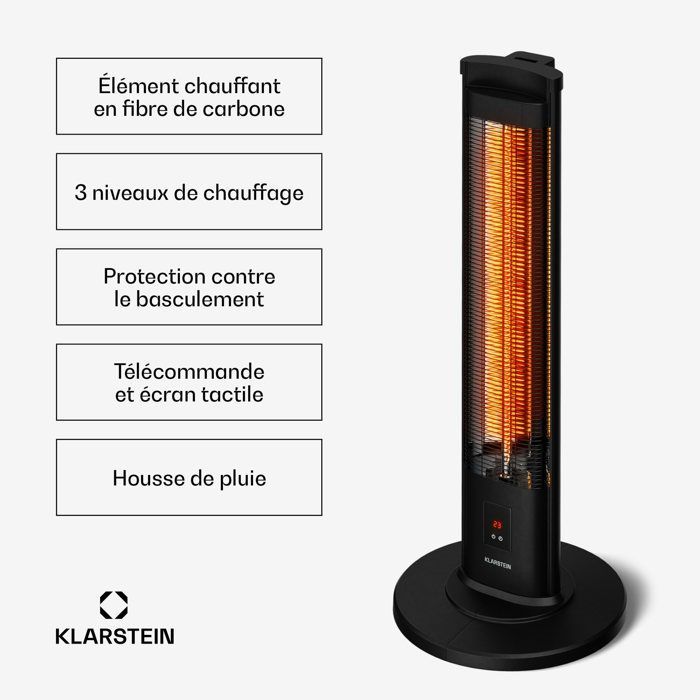Klarstein BlazeTower Chauffage Infrarouge 2000W 3 Niveaux IP45 Télécommande Minuterie Anti-Basculement Radiateur Extérieur Terrasse