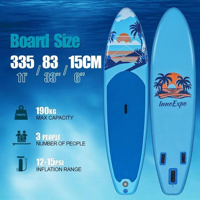 InnoExpo SUPIE70A – Tavola da paddle gonfiabile unisex per adulti: 335×83×15 cm, portata massima 190 kg, ideale per gite e avventure in famiglia.