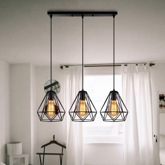 UNI Industriële Hanglamp met Stang, Zwarte Diamanten Kooi Kroonluchter, Plafondlamp