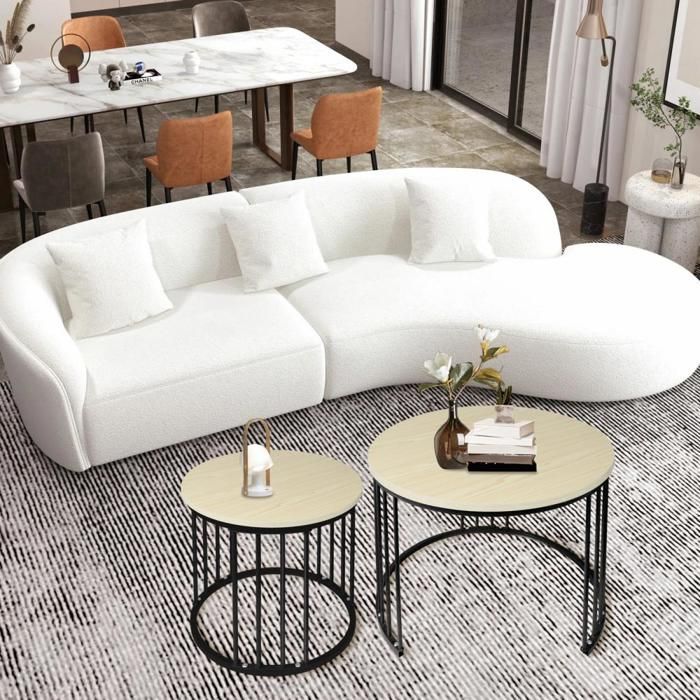 KEDIA Set van 2 salontafels, wit esdoornhout + zwarte poten, 60*60*45 cm en 40*40*38 cm, slijtvast en gemakkelijk schoon te maken