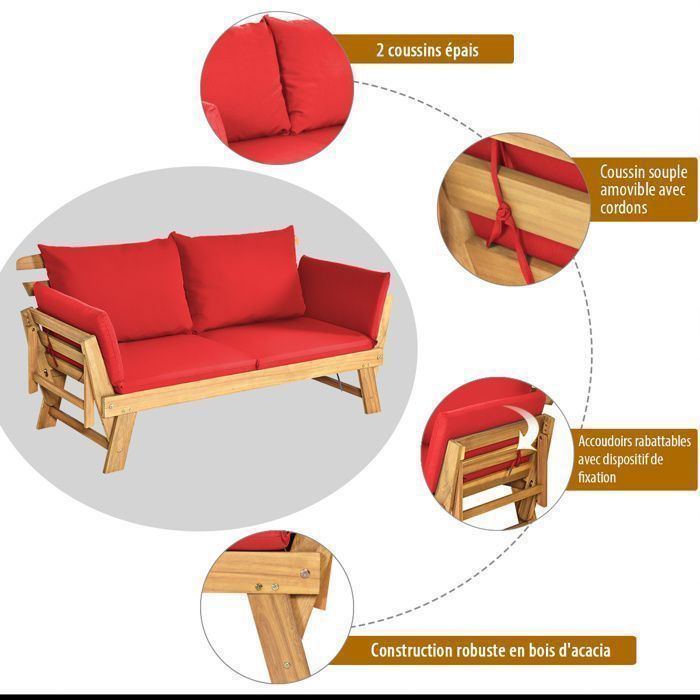 Sofá cama extensible de jardín GIANTEX - 2 plazas - Cojín - Almohada - Certificado FSC - Silla para interior y exterior - Madera de acacia - Capacidad de carga de 320 kg - Rojo