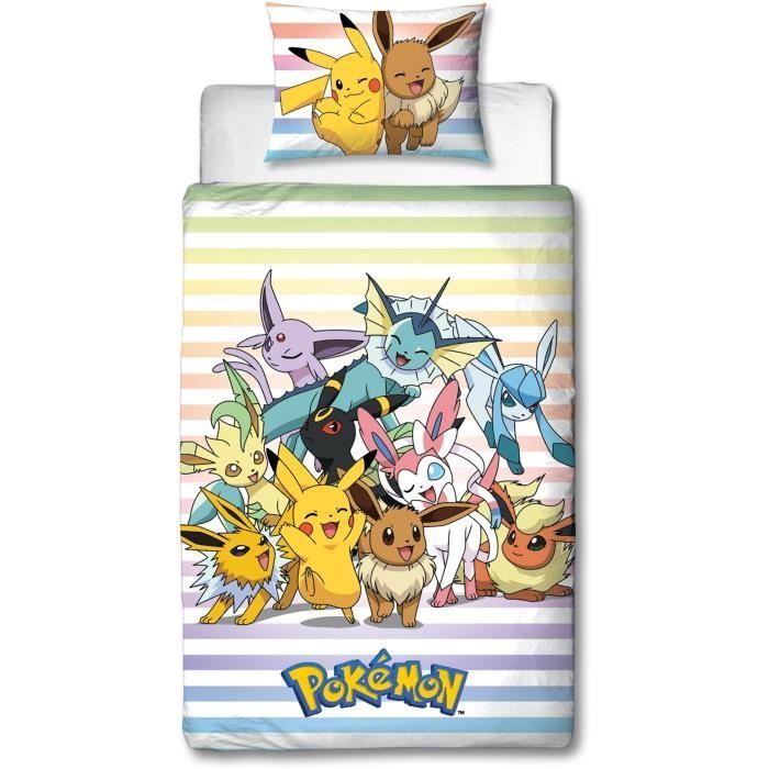 Reversible bedding set - POKEMON - Pikachu and Eevee - Microfiber - 1 duvet cover 140 x 200 cm + 1 pillowcase 63 x 63 cm