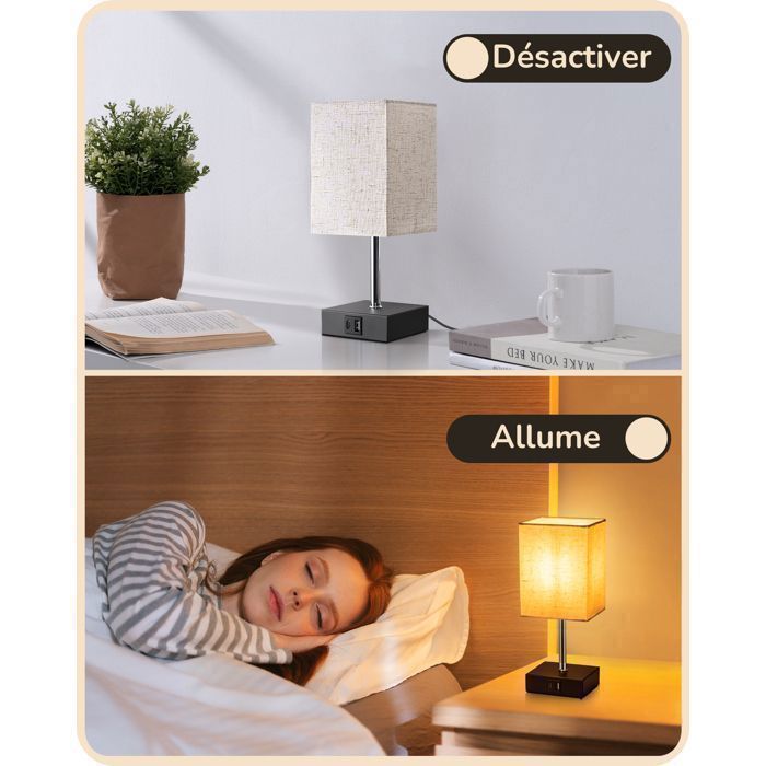 Juego de 2 lámparas de mesa táctiles EDISHINE, puertos USB-A y USB-C, bombilla LED regulable E27 incluida, pantalla beige.