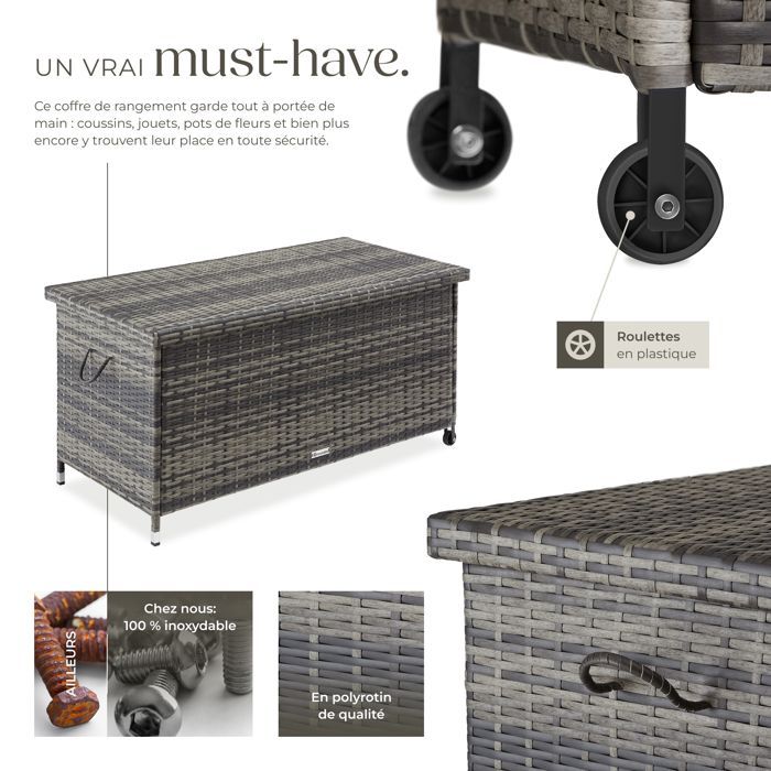 Rangement d'extérieur - TECTAKE - Coffre de jardin KIRUNA en polyrotin avec poignées et 2 roulettes 121 x 56 x 60 cm 270 L - Gris
