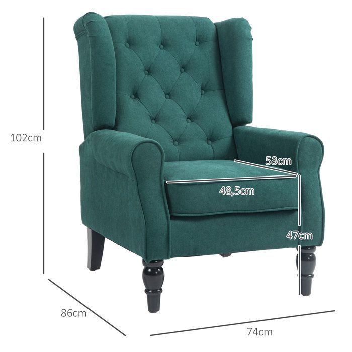 Sillón tapizado - HOMCOM - con asiento ancho, patas de madera, estilo clásico - muy cómodo - 74 x 86 x 102 cm - verde