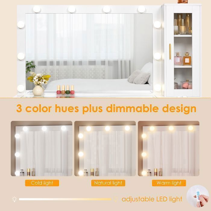 BEWISHOME Coiffeuse Grande avec Miroir LED et Prise, Plateau et Portes Verre, Port de Charge USB, 5 Tiroirs de Rangement, 2 Portes