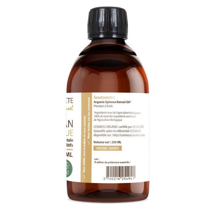 Huile d'Argan Bio - 250ml - Qualité alimentaire - Non testée sur les animaux - Vegan