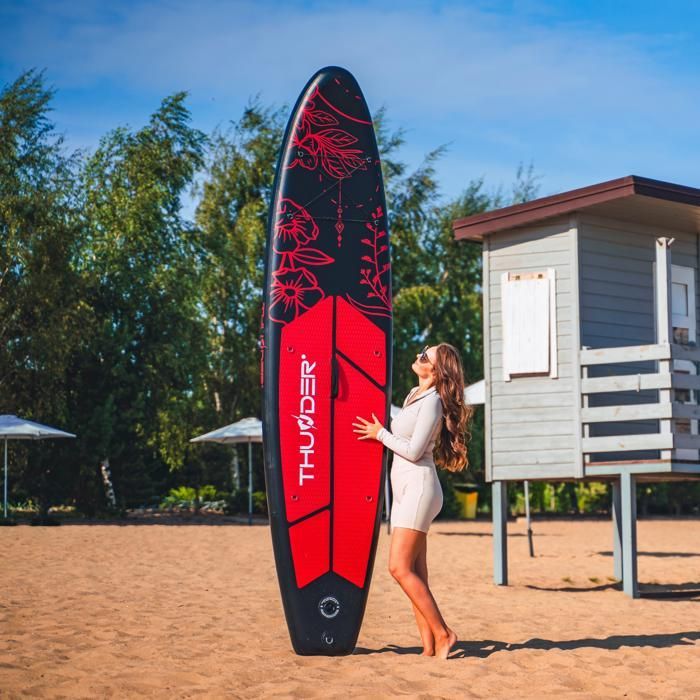 Tabla de paddle surf hinchable THUNDER® para travesías | Accesorios completos | 320 cm | PVC | Estilo MOTH | Negro y rojo