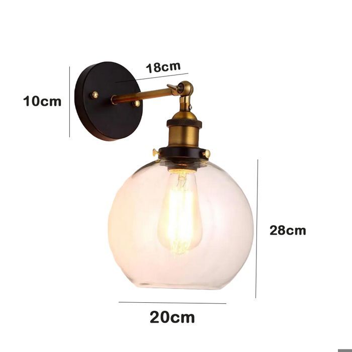 Diday, set da 2 applique industriali in vetro, lampada da parete vintage E27 con paralume rotondo in stile Edison, luce da parete regolabile a 180°