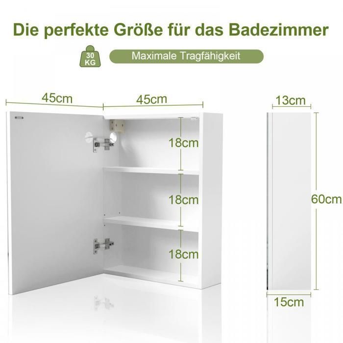MIPAN. Armario con espejo para baño - Con almacenamiento + espejo + LED - Blanco. Armario de baño de pared - 60 x 45 x 15 cm